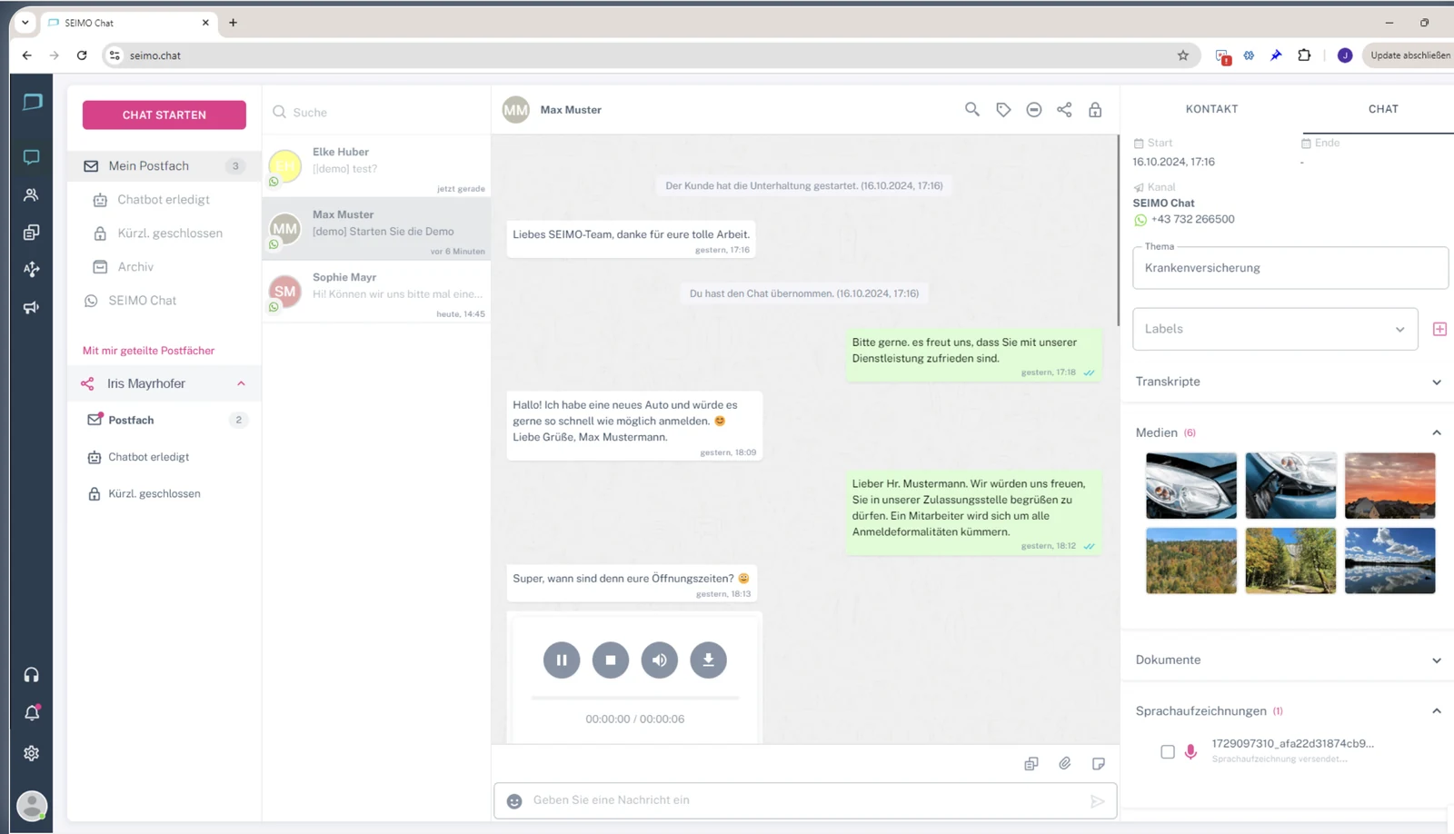Ansicht aus SEIMO: WhatsApp-Chat mit Kundenverlauf